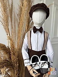 Erkek Çocuk Kahverengi Salopet Takım(Gömlek+Salopet+Papyon)