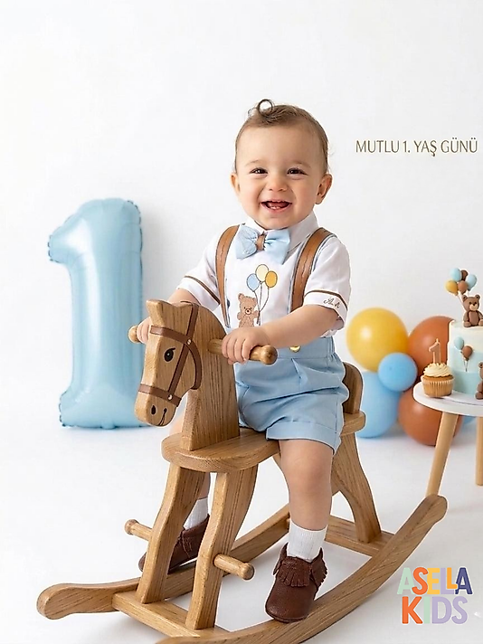 Erkek Çocuk Bebe Mavi Nakışlı Salopet Takım