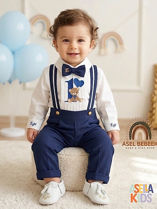 İndigo Mavi Renk Salopet Takım (Gömlek+Salopet+Papyon+Nakışlı Kravat)