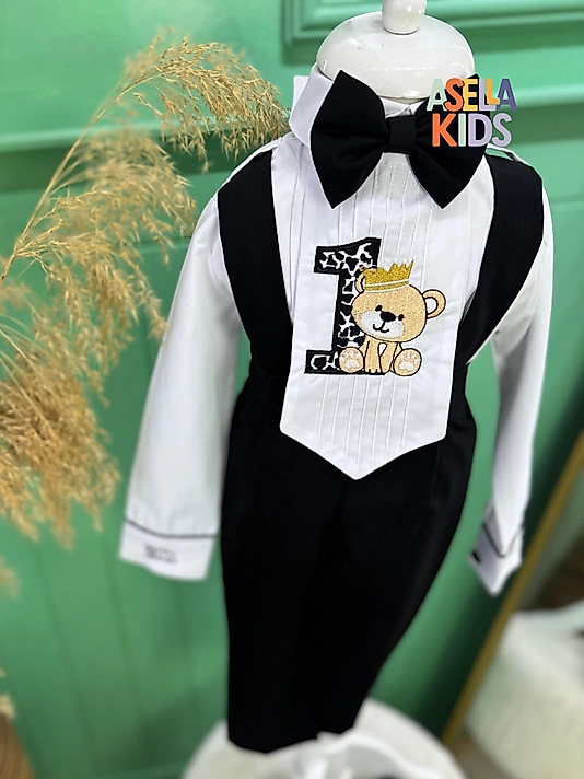 Erkek Çocuk Siyah Salopet Takım - Önlük Kravat Nakış İşlemeli