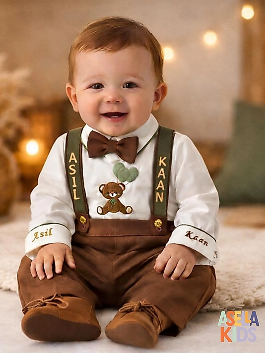 Erkek Çocuk Taba Renk Salopet Takım - Askı Küf Yeşil - Göğüs Nakışlı
