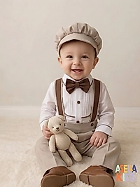 Bej + Kahverengi Detay Salopet Takım(Gömlek+Salopet+Papyon)