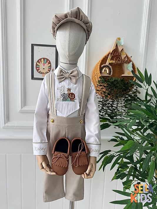 Bej Salopet Takım (Gömlek+Salopet+Papyon+Nakışlı Önlük)