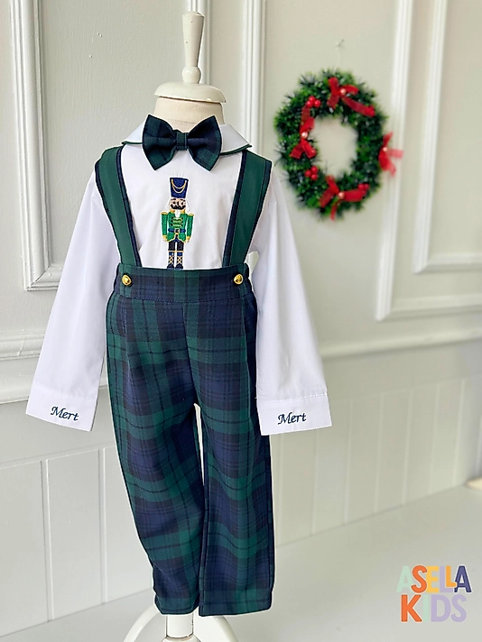 Erkek Çocuk Yeşil Ekose Salopet Takım - Kurşun Asker Nakışlı