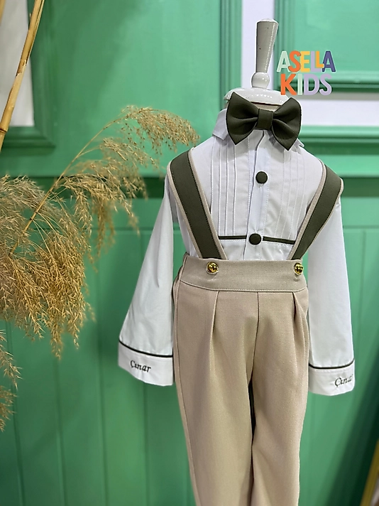 Erkek Çocuk Bej/Yeşil Detay Salopet Takım - Papyon Dahil