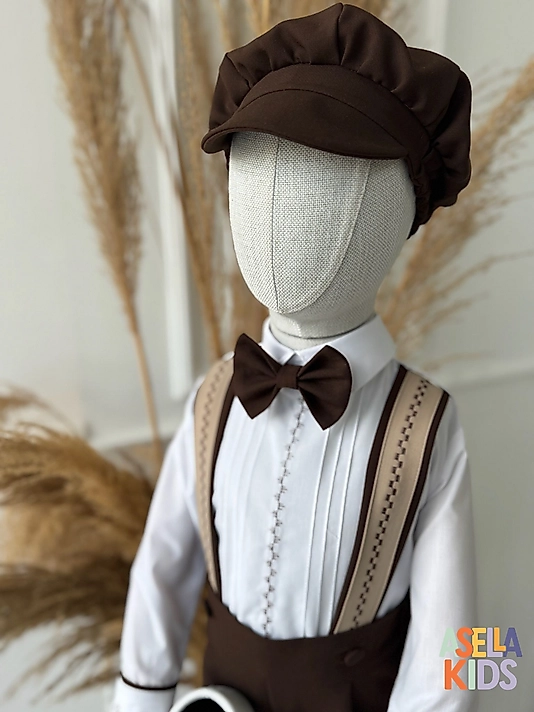 Erkek Çocuk Kahverengi Salopet Takım(Gömlek+Salopet+Papyon)