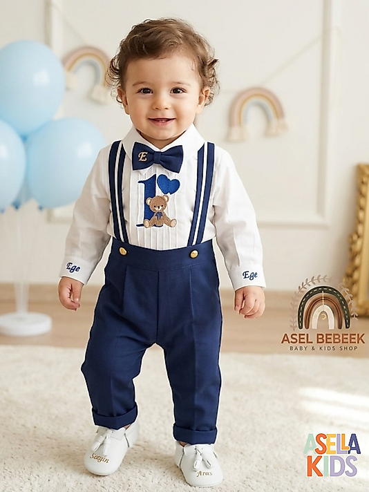 İndigo Mavi Renk Salopet Takım (Gömlek+Salopet+Papyon+Nakışlı Kravat)