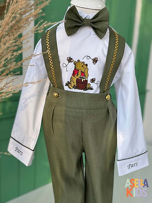 Erkek Çocuk Yeşil Salopet Takım - Winnie The Pooh Nakış