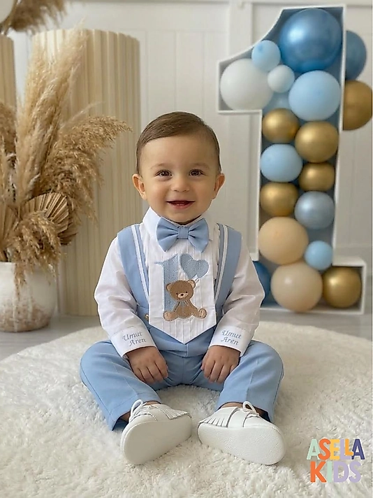 Erkek Çocuk Bebe Mavisi Salopet Takım - Baby Bear 1 Nakış İşlemeli Önlük