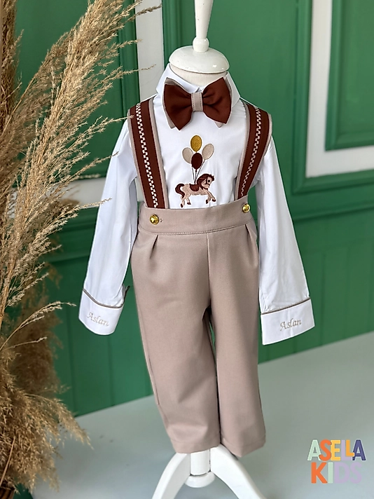 Erkek Çocuk Bej Salopet Takım - Balonlu At Nakışlı