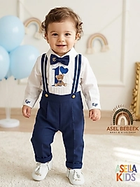 İndigo Mavi Renk Salopet Takım (Gömlek+Salopet+Papyon+Nakışlı Kravat)