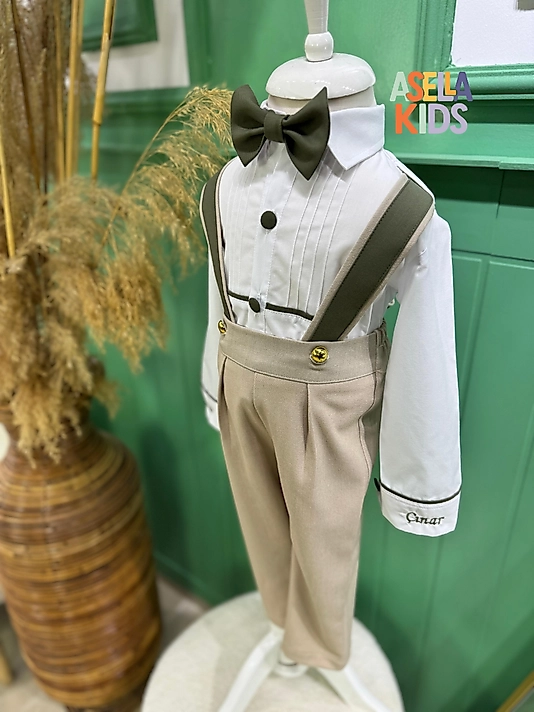 Erkek Çocuk Bej/Yeşil Detay Salopet Takım - Papyon Dahil