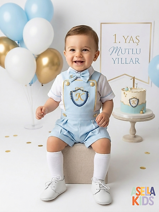 Erkek Çocuk Bebe Mavi Tulum Salopet Takım