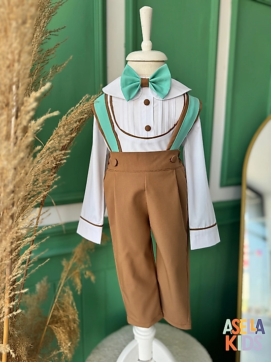 Erkek Çocuk Kahverengi Salopet Takım - Su Yeşili Detaylı