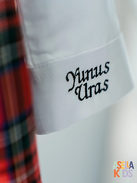 Erkek Çocuk Kırmızı Ekose Salopet Takım - Kurşun Asker Nakışlı