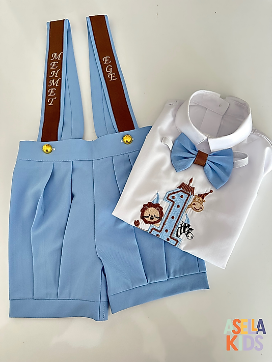 Erkek Çocuk Bebe Mavi Salopet Takım - Safari Nakış