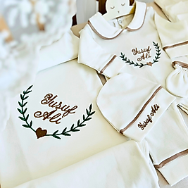 Yenidoğan Set - Bebeğinizin İsmi ve Yaprak Nakışlı