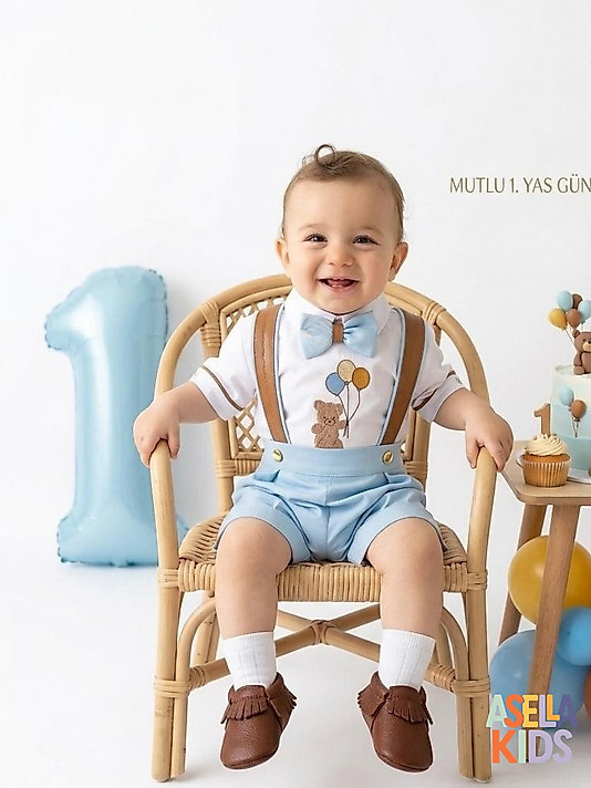 Erkek Çocuk Bebe Mavi Nakışlı Salopet Takım