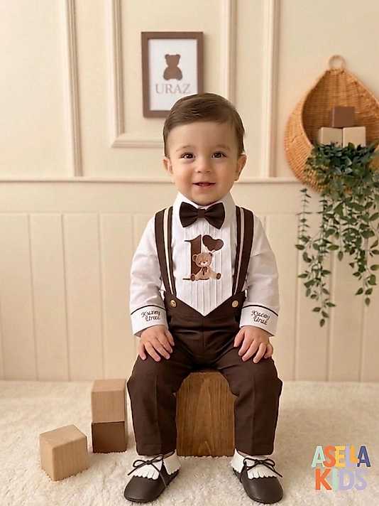 Kahverengi Salopet Takım (Gömlek+Salopet+Papyon+Nakışlı Kravat)