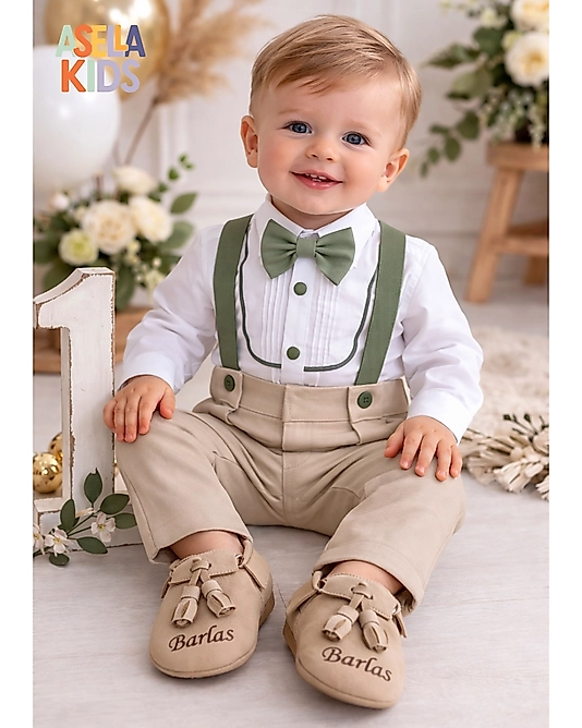 Erkek Çocuk Bej+Yeşil Salopet Takım(Gömlek+Salopet+Papyon)