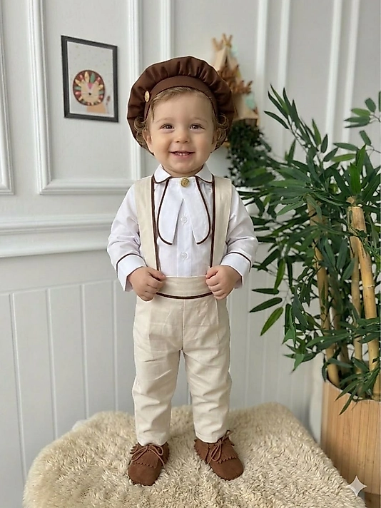 Bej Salopet Takım (Gömlek+Salopet+Fular)