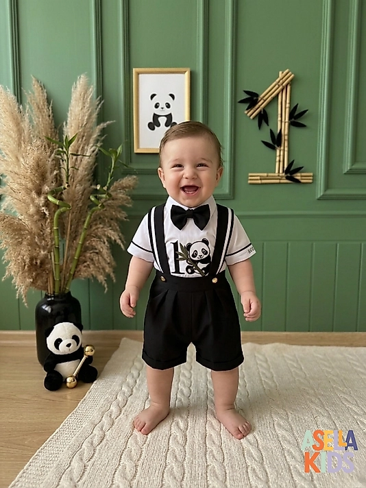Siyah Renk Panda Nakışlı Salopet Takım