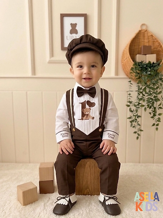 Kahverengi Salopet Takım (Gömlek+Salopet+Papyon+Nakışlı Kravat)