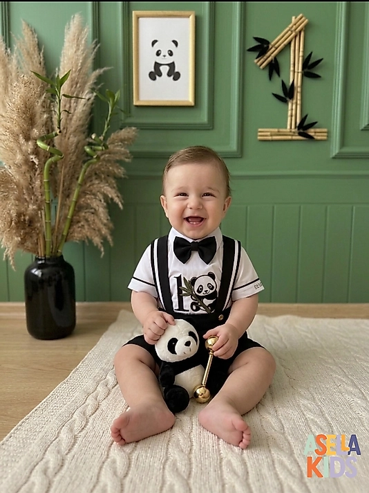 Siyah Renk Panda Nakışlı Salopet Takım