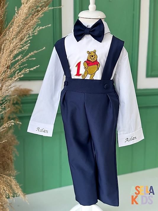 Erkek Çocuk Lajivert Salopet Takım - Winnie ve 1 Nakışlı