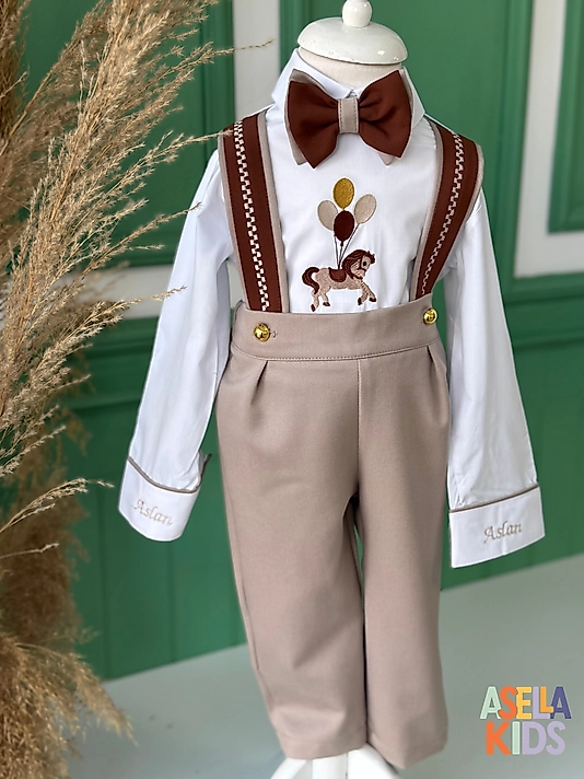 Erkek Çocuk Bej Salopet Takım - Balonlu At Nakışlı