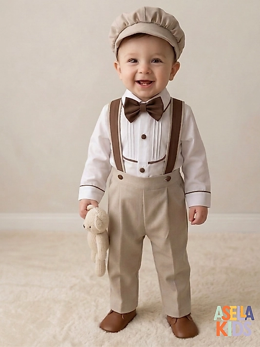 Bej + Kahverengi Detay Salopet Takım(Gömlek+Salopet+Papyon)