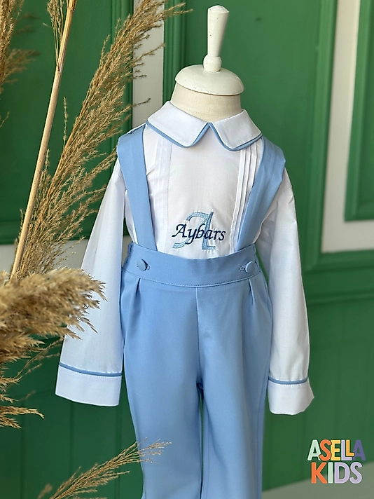 Erkek Çocuk Bebe Mavi Salopet Takım - Bebe Yaka