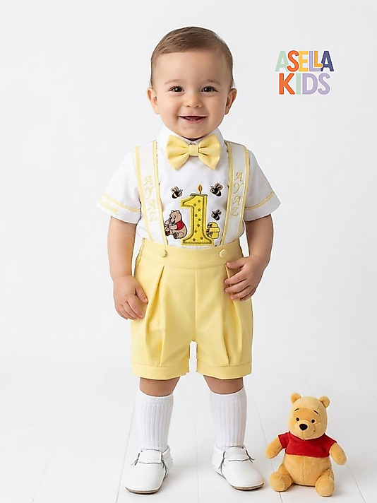 Erkek Çocuk Sarı Winnie Nakışlı Salopet Takım