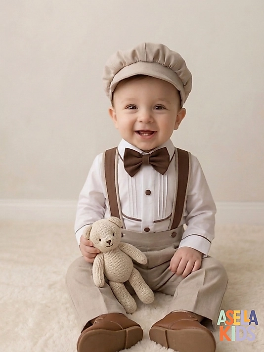 Bej + Kahverengi Detay Salopet Takım(Gömlek+Salopet+Papyon)