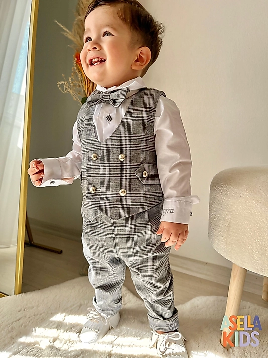Erkek Çocuk Gri Ekoseli Yelekli Takım