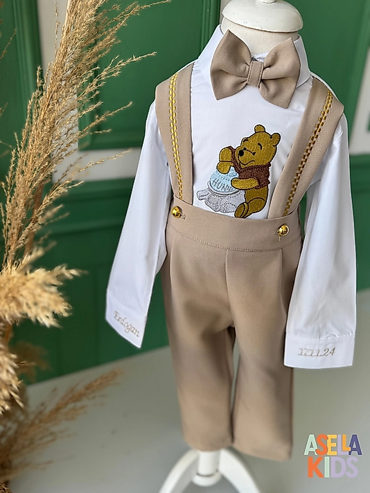 Erkek Çocuk Bej Salopet Takım - Winnie The Pooh Nakış