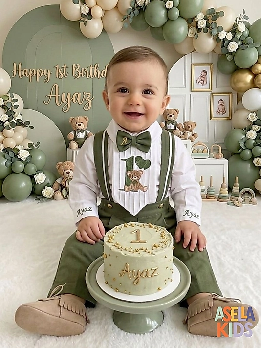 Erkek Çocuk Yeşil Renk Salopet Takım - Kravak Nakışlı