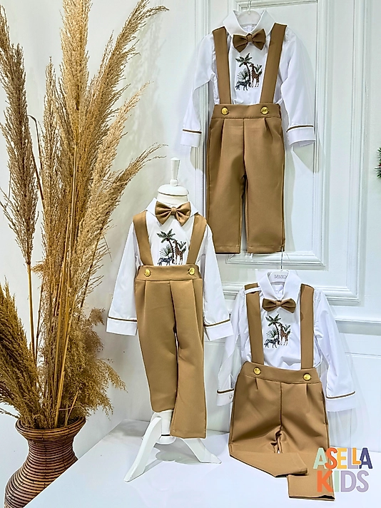 Erkek Çocuk Vizon Renk Salopet Takım - Safari Nakış