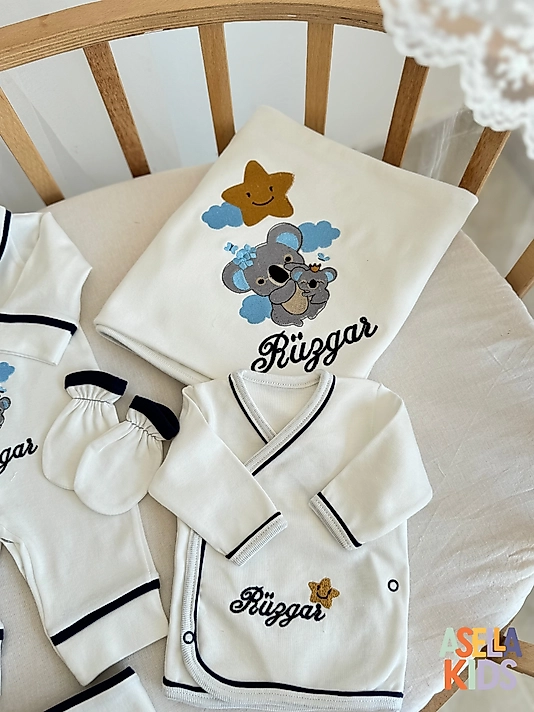 Yenidoğan Set - Bebeğinizin İsmi ve Koala Nakışlı