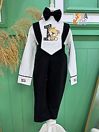 Erkek Çocuk Siyah Salopet Takım - Önlük Kravat Nakış İşlemeli