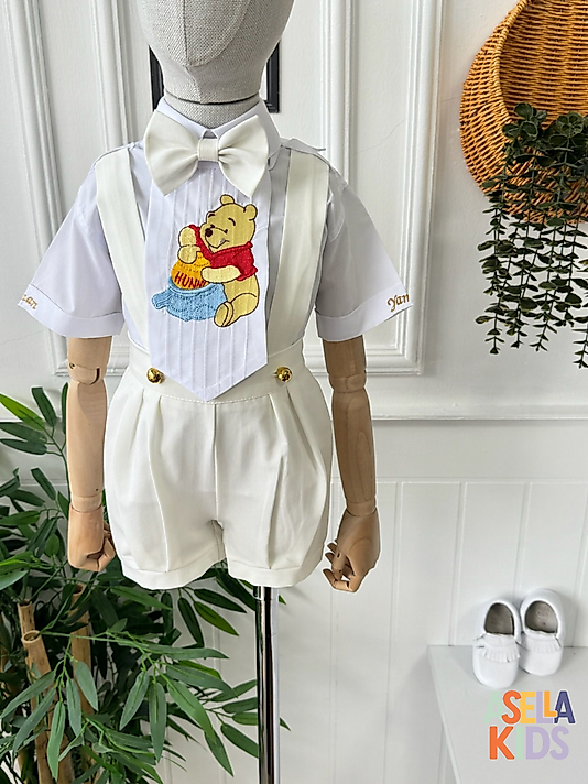 Erkek Çocuk Ekru Renk Winnie Nakışlı Salopet Takım