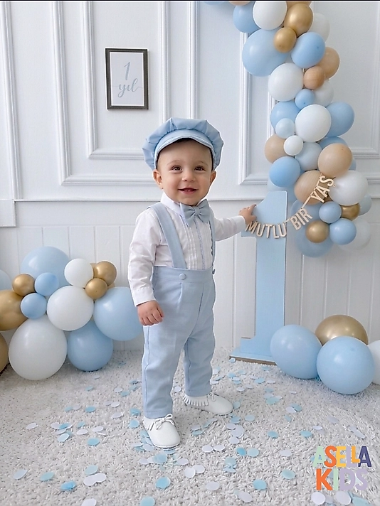 Erkek Çocuk Bebe Mavi Salopet Takım