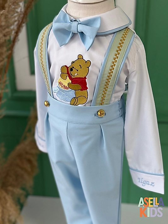 Erkek Çocuk Bebe Mavisi Salopet Takım - Winnie Nakışlı