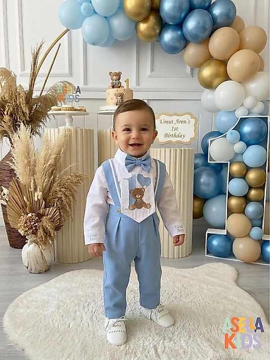 Erkek Çocuk Bebe Mavisi Salopet Takım - Baby Bear 1 Nakış İşlemeli Önlük