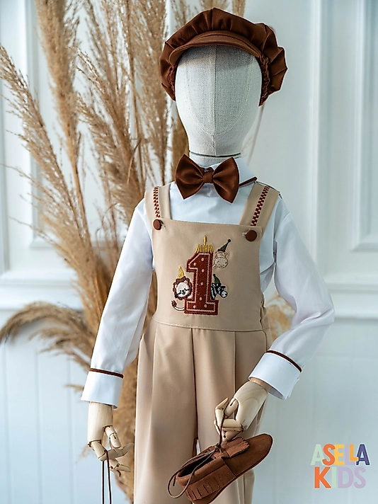 Erkek Çocuk Krem Salopet Tulum Takım - Safari 1 Nakışlı