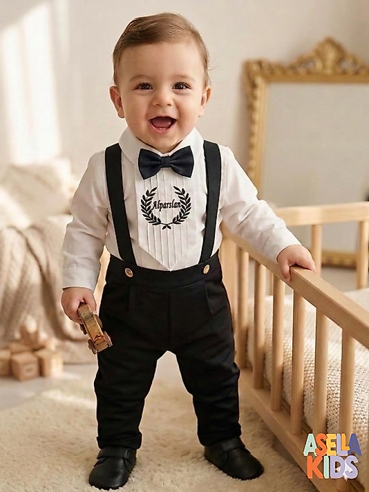 Erkek Çocuk Sİyah Salopet Takım - Kravat Nakış İşlemeli