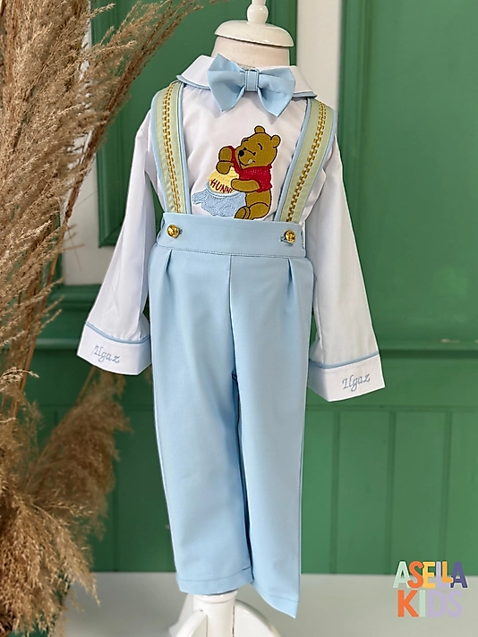 Erkek Çocuk Bebe Mavisi Salopet Takım - Winnie Nakışlı