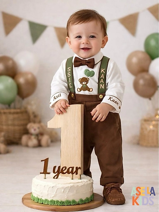 Erkek Çocuk Taba Renk Salopet Takım - Askı Küf Yeşil - Göğüs Nakışlı