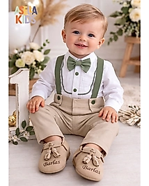 Erkek Çocuk Bej+Yeşil Salopet Takım(Gömlek+Salopet+Papyon)