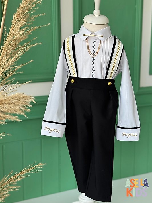 Erkek Çocuk Siyah Salopet Takım - Beyaz Detaylı